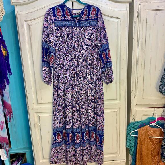 VINTAGE 70’s HIPPIE BLOCK PRINT INDIAN COTTON FESTIVAL BOHO MAXIDRESS - Picture 1 of 7